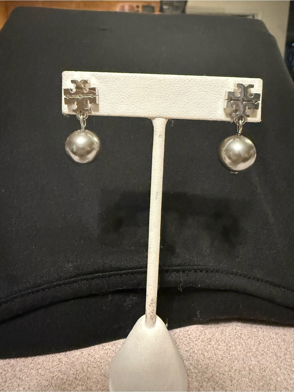 Tory Burch Silver-Tone Logo Drop Earrings with Silvery Pearls